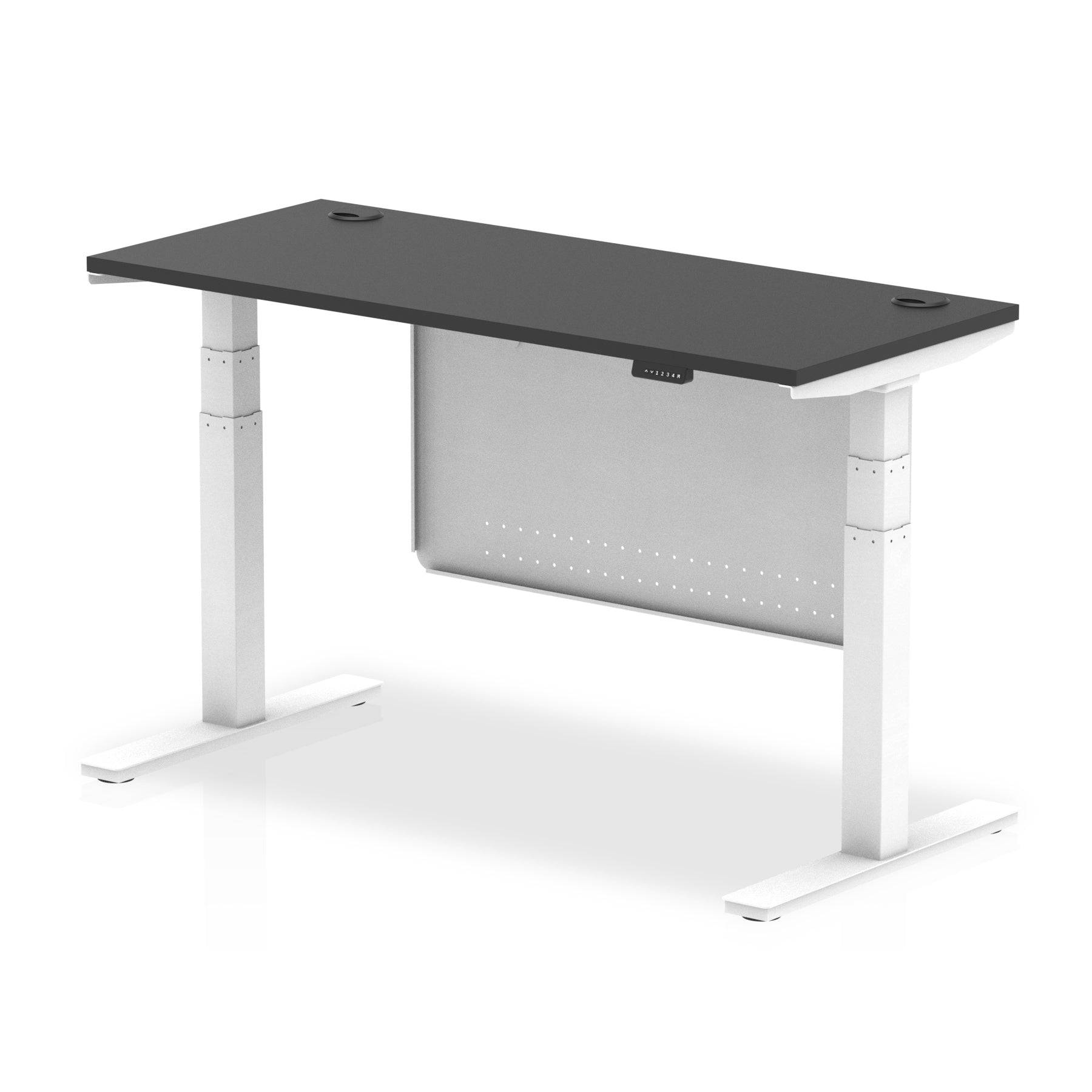 Air Modesty Black Series 600mm Height Adjustable Office Desk Black Top with Cable Ports White Leg With White Steel Modesty Panel - Price Crash Furniture