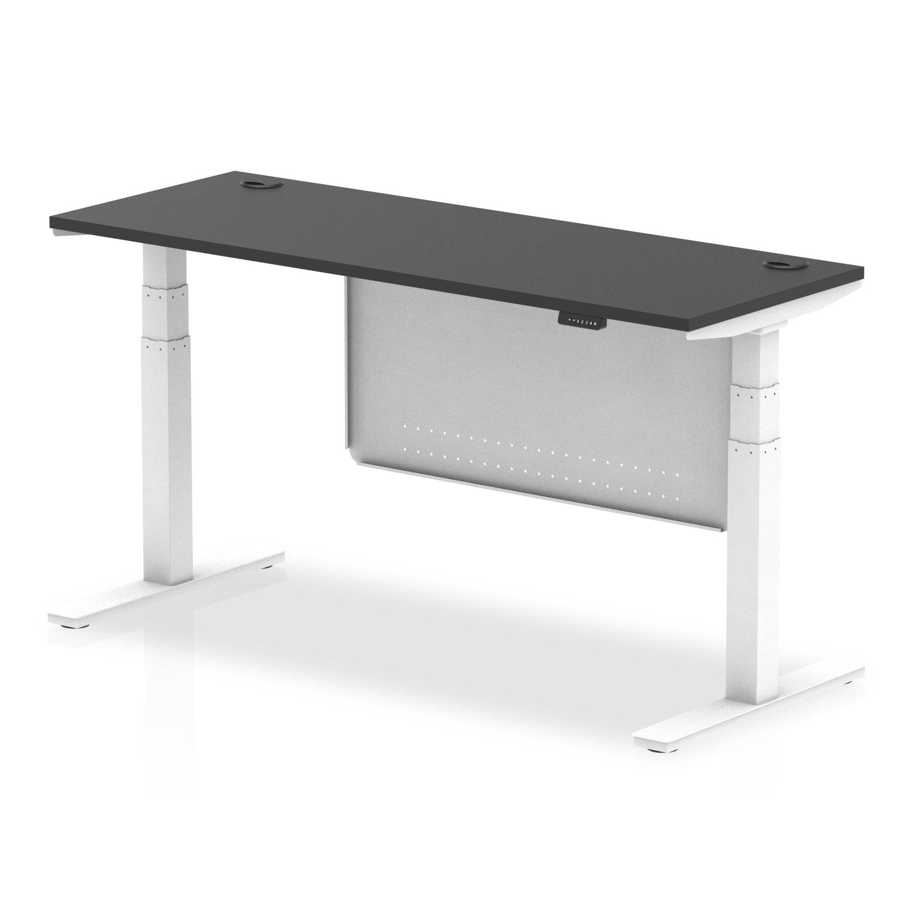 Air Modesty Black Series 600mm Height Adjustable Office Desk Black Top with Cable Ports White Leg With White Steel Modesty Panel - Price Crash Furniture