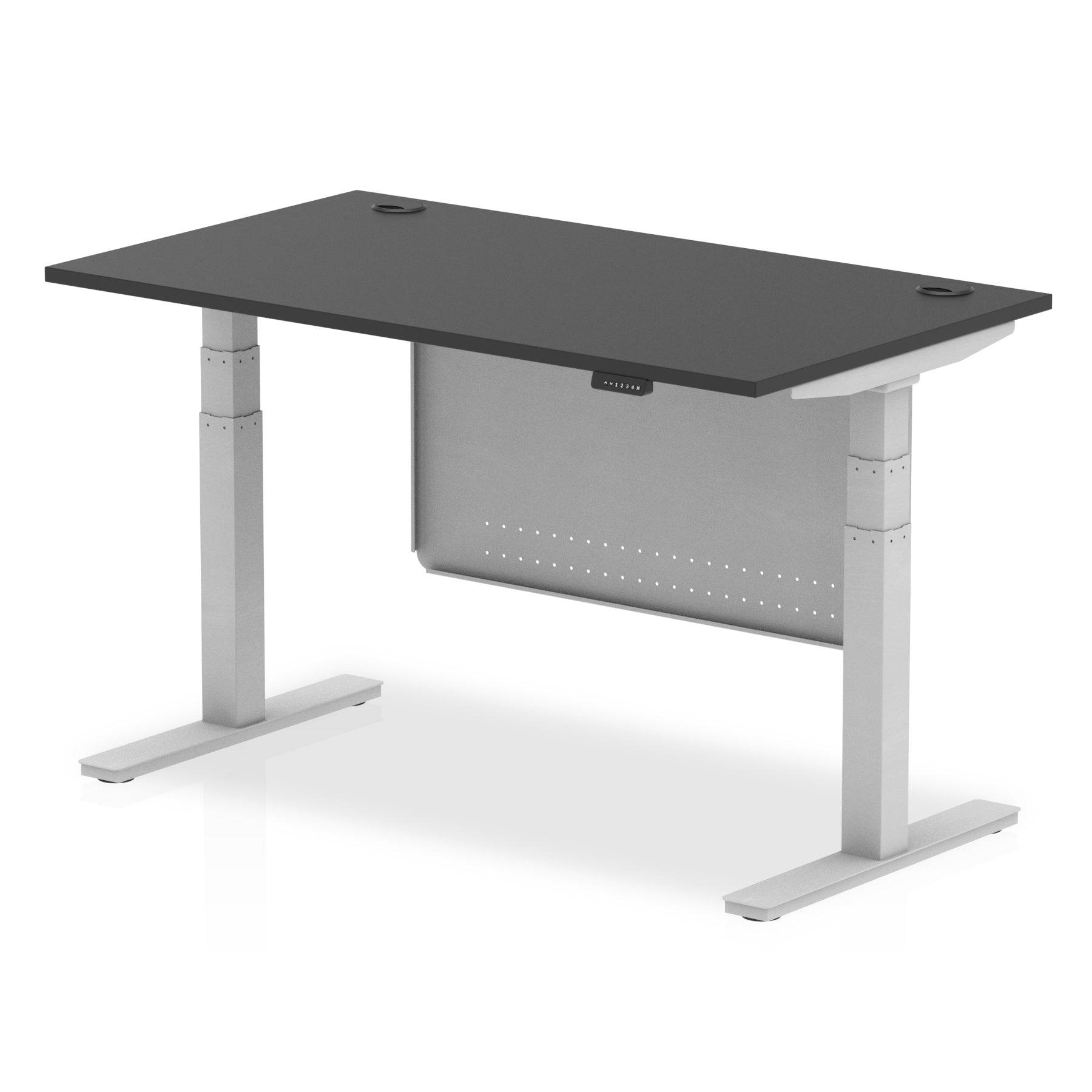 Air Modesty Black Series 800mm Height Adjustable Office Desk Black Top with Cable Ports Silver Leg With Silver Steel Modesty Panel - Price Crash Furniture