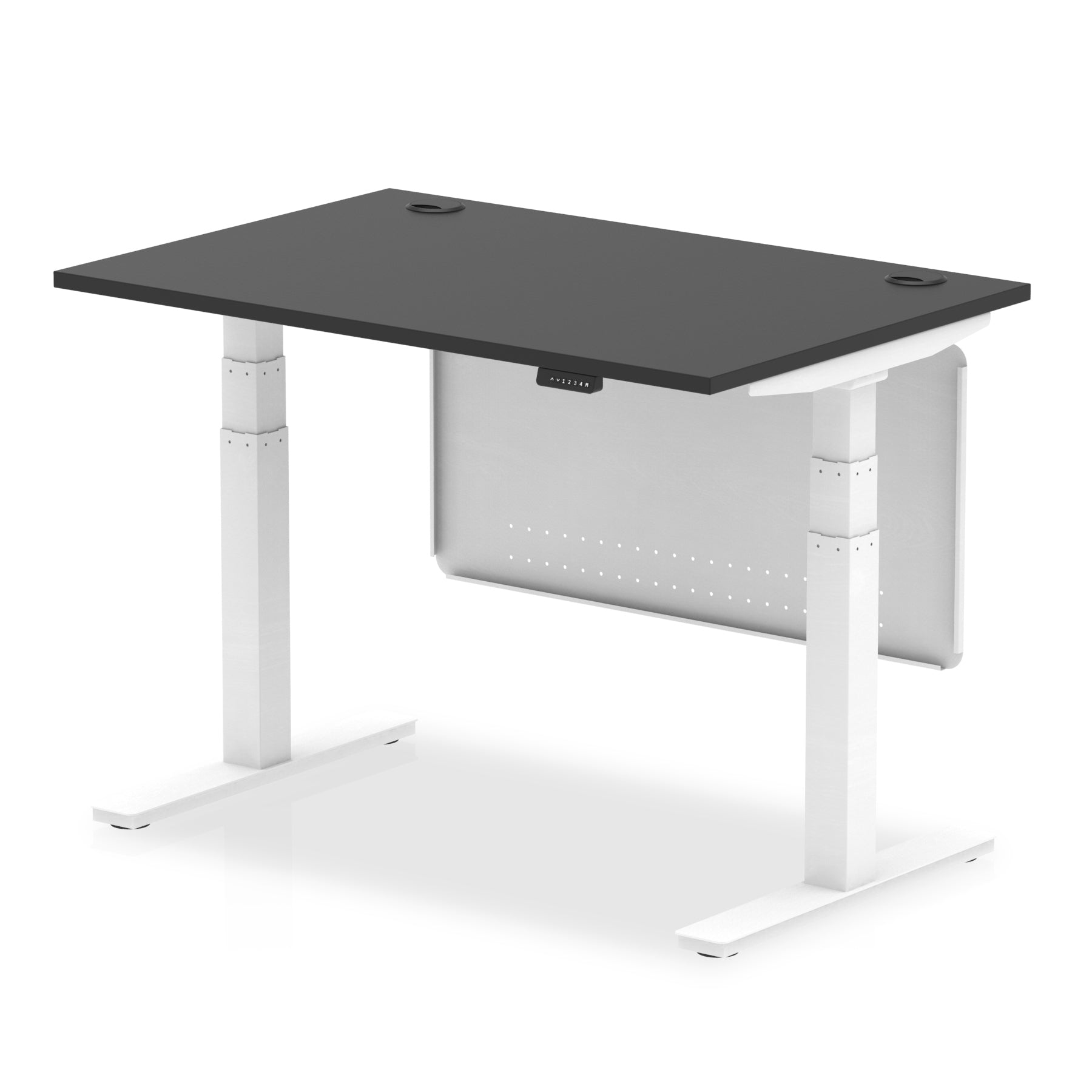 Air Modesty Black Series 800mm Height Adjustable Office Desk Black Top with Cable Ports White Leg With White Steel Modesty Panel - Price Crash Furniture