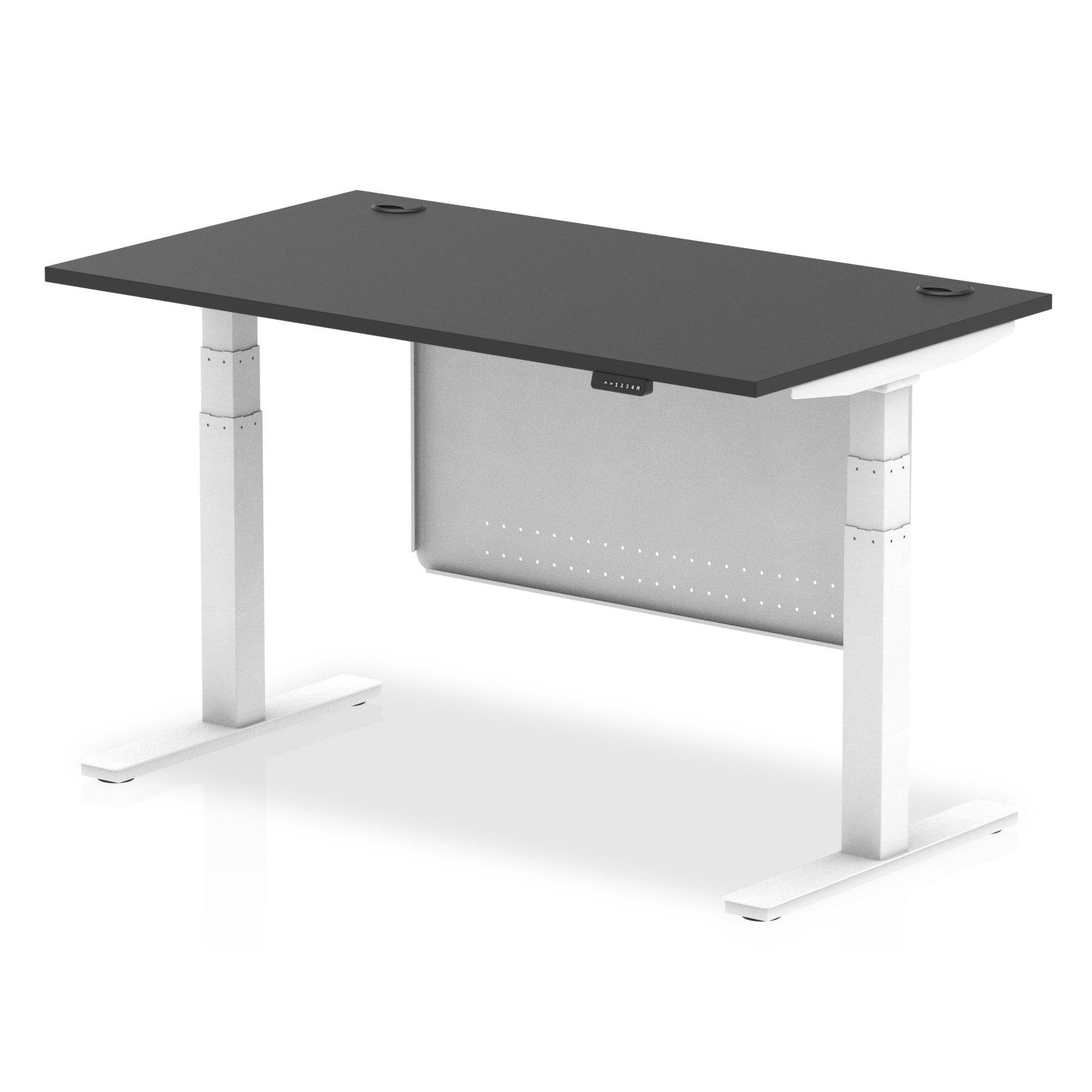 Air Modesty Black Series 800mm Height Adjustable Office Desk Black Top with Cable Ports White Leg With White Steel Modesty Panel - Price Crash Furniture