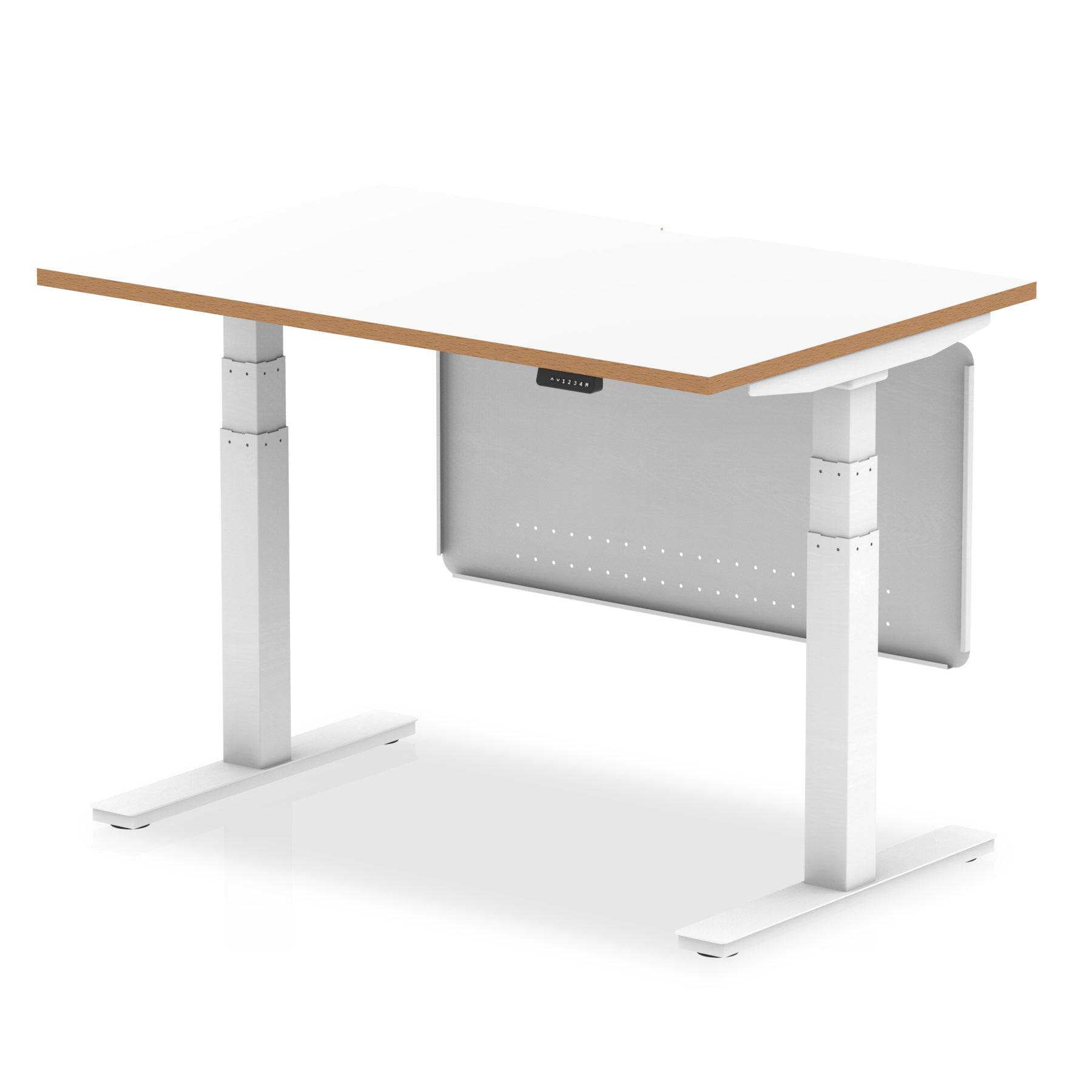 Oslo Height Adjustable Office Desk White Top Natural Wood Edge White Frame With White Steel Modesty Panel - Price Crash Furniture