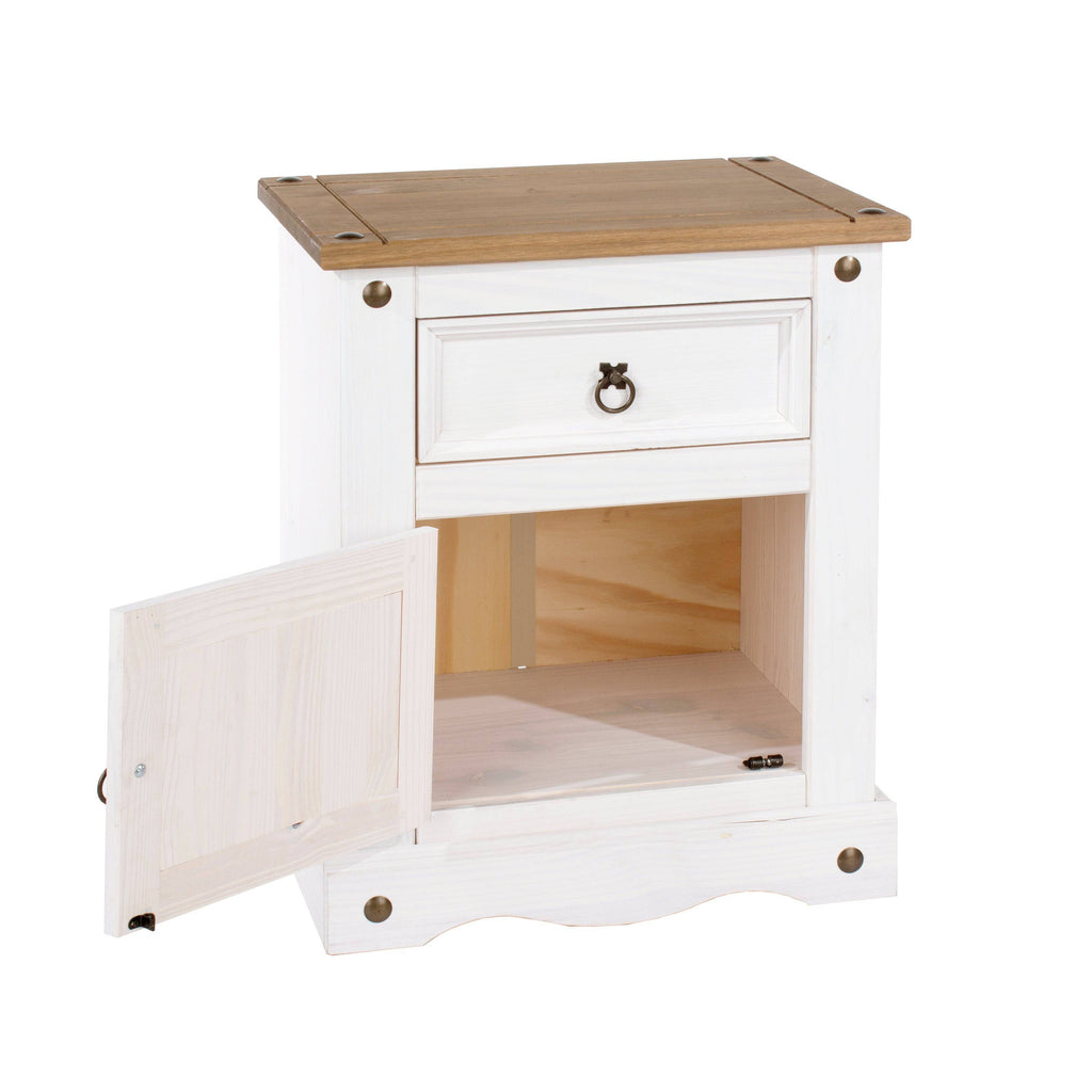 Corona Core Products 1 Door, 1 Drawer Bedside Cabinet in White Waxed Pine - Price Crash Furniture