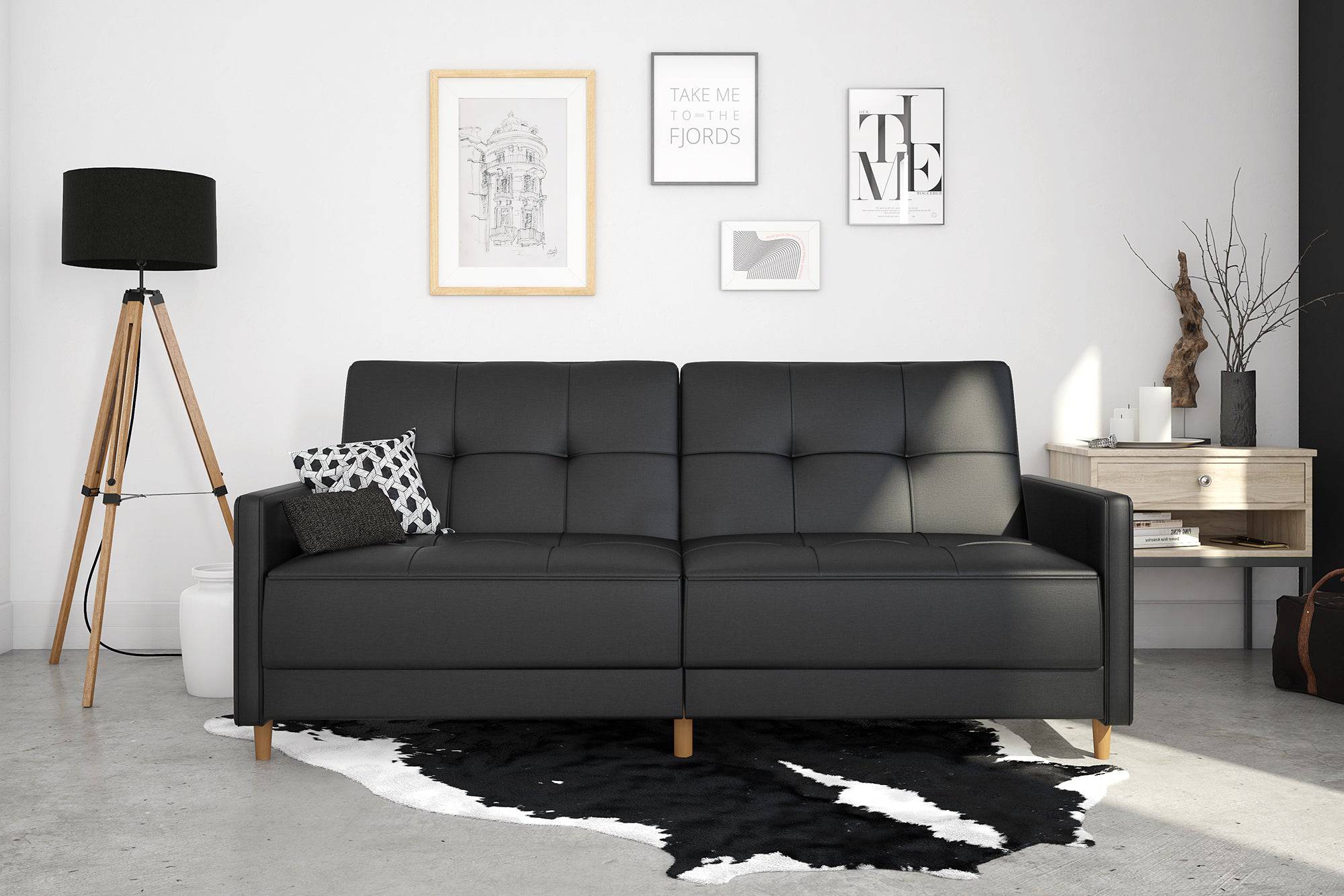 Andora Sprung Sofa Bed Wooden Legs - Faux Leather - Black - by Dorel - Price Crash Furniture