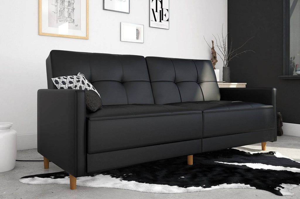 Andora Sprung Sofa Bed Wooden Legs - Faux Leather - Black - by Dorel - Price Crash Furniture