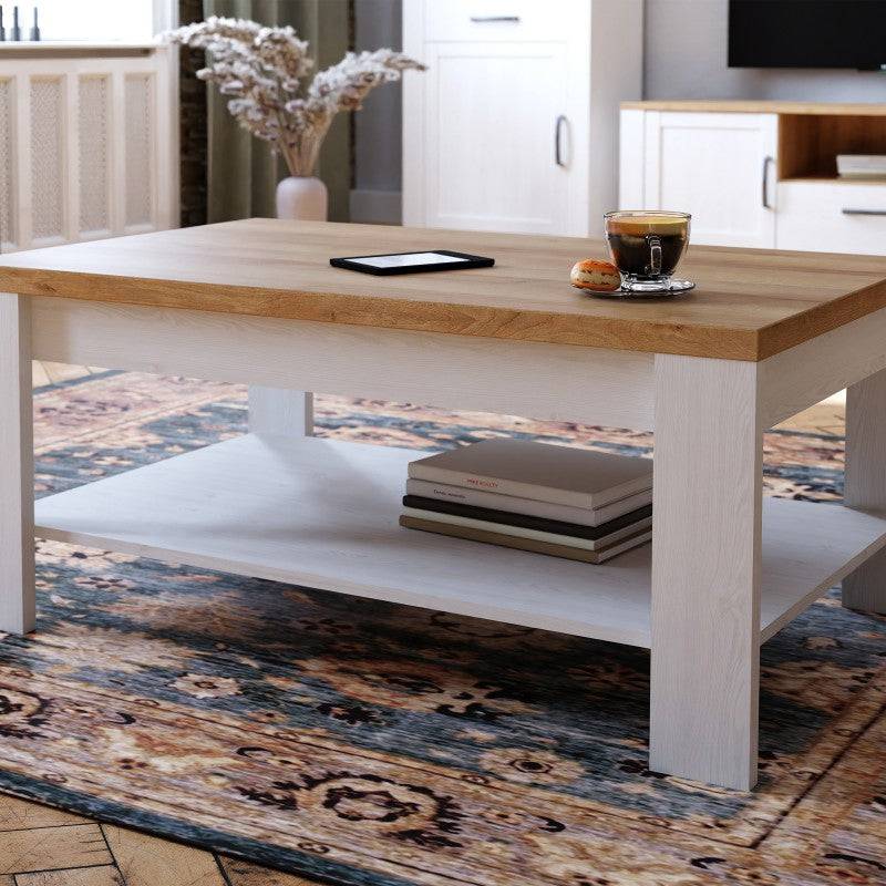 Bohol Coffee Table with Shelf In Riviera Oak & White - Price Crash Furniture