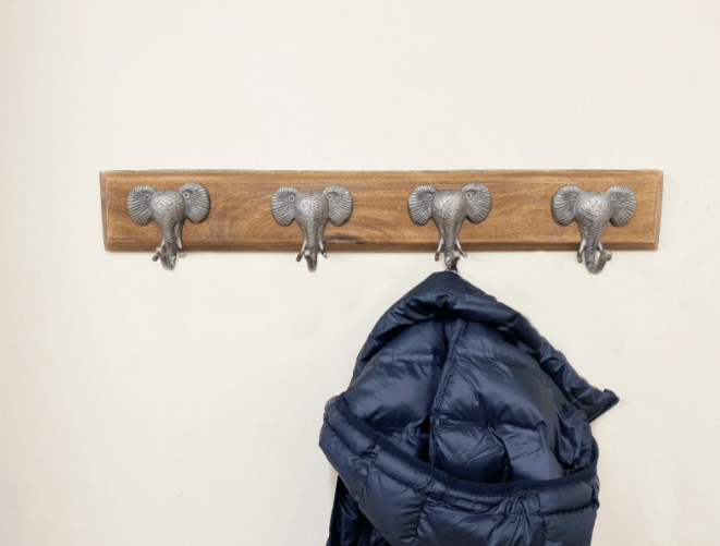 Four Silver Elephant Design Hooks on Wooden Base - Price Crash Furniture