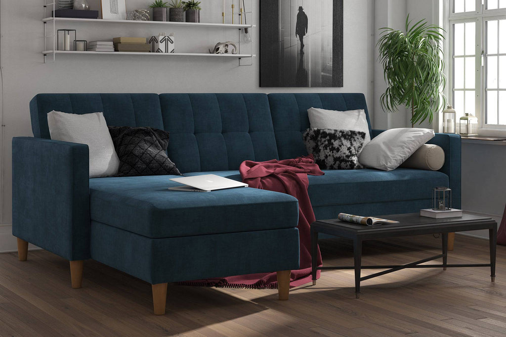Hartford Storage Sectional Sofa Bed with Storage Chaise - Blue Chenille by Dorel - Price Crash Furniture