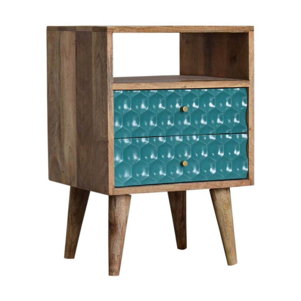 Honeycomb Carved Teal Bedside with Open Slot by Artisan Furniture - Price Crash Furniture