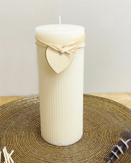 Large Cream Ridged Pillar Candle With Heart Decoration - Price Crash Furniture