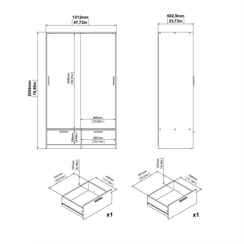 Line Wardrobe With 2 Doors + 2 Drawers In Black And Jackson Hickory Oak - Price Crash Furniture