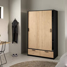 Line Wardrobe With 2 Doors + 2 Drawers In Black And Jackson Hickory Oak - Price Crash Furniture