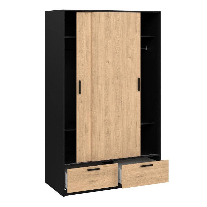 Line Wardrobe With 2 Doors + 2 Drawers In Black And Jackson Hickory Oak - Price Crash Furniture