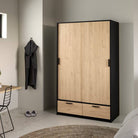 Line Wardrobe With 2 Doors + 2 Drawers In Black And Jackson Hickory Oak - Price Crash Furniture