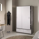 Line Wardrobe With 2 Doors + 2 Drawers In White And Concrete - Price Crash Furniture