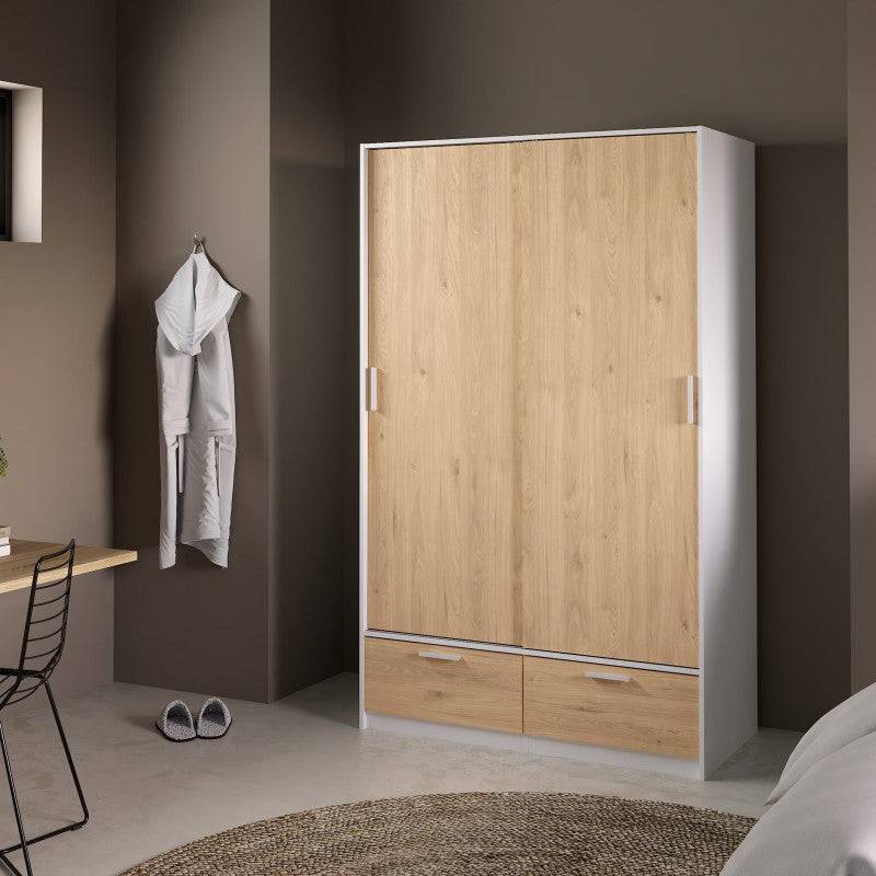 Line Wardrobe with 2 Doors + 2 Drawers In White And Jackson Hickory Oak - Price Crash Furniture