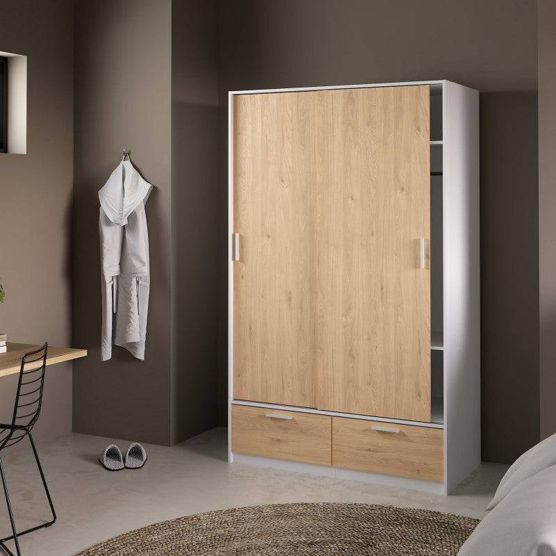 Line Wardrobe with 2 Doors + 2 Drawers In White And Jackson Hickory Oak - Price Crash Furniture