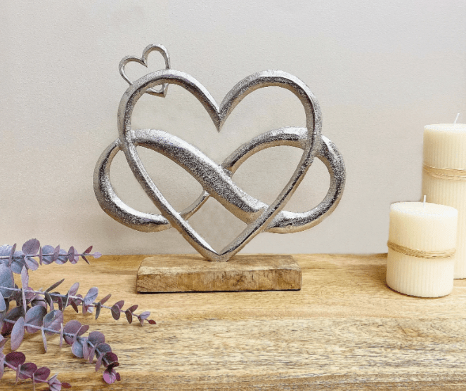 Metal Silver Entwined Hearts On A Wooden Base Large - Price Crash Furniture
