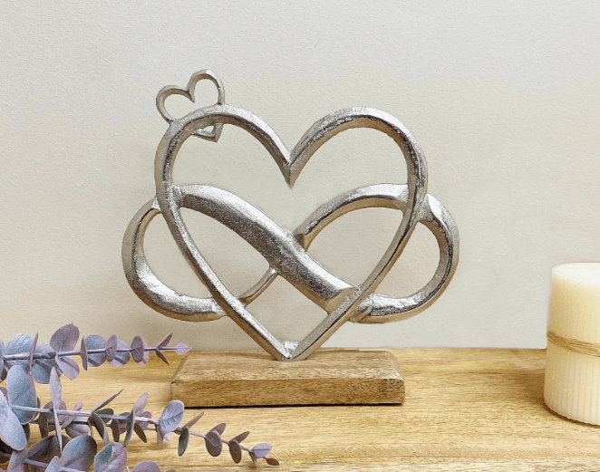 Metal Silver Entwined Hearts On A Wooden Base Medium - Price Crash Furniture