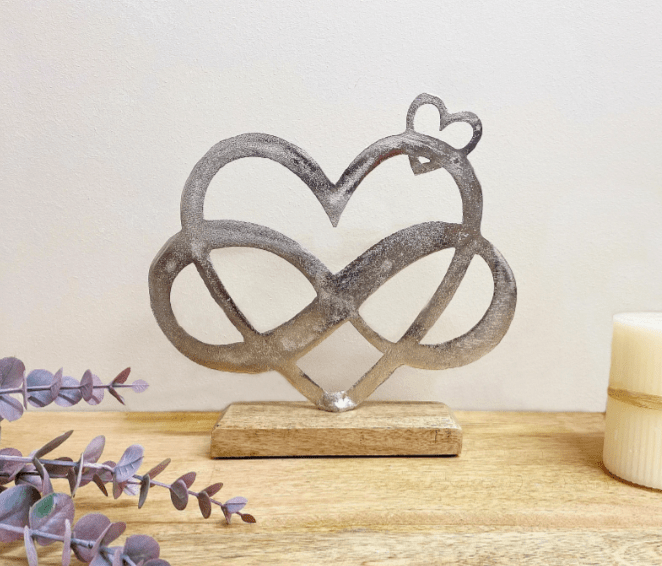 Metal Silver Entwined Hearts On A Wooden Base Medium - Price Crash Furniture