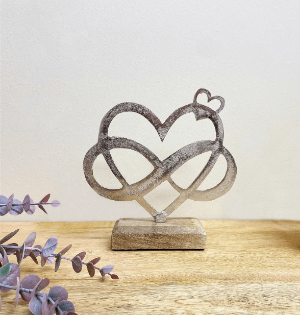 Metal Silver Entwined Hearts On A Wooden Base Small - Price Crash Furniture