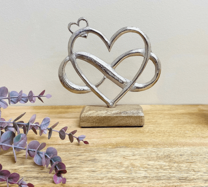 Metal Silver Entwined Hearts On A Wooden Base Small - Price Crash Furniture