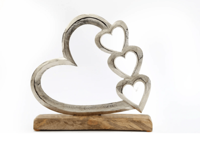 Metal Silver Four Heart Ornament On A Wooden Base Medium - Price Crash Furniture