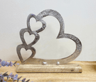 Metal Silver Four Heart Ornament On A Wooden Base Medium - Price Crash Furniture