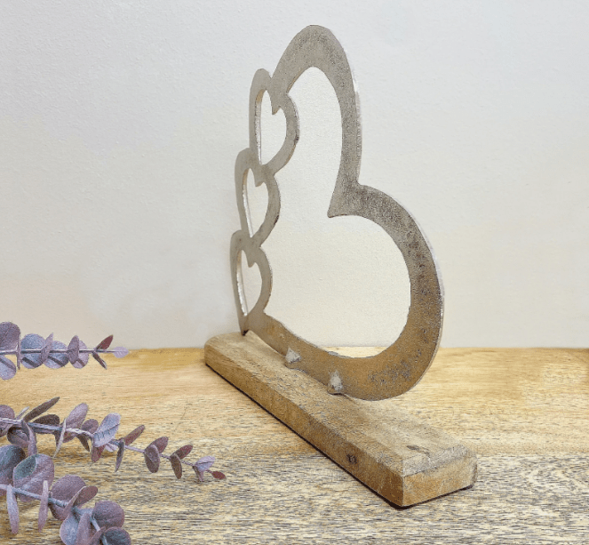 Metal Silver Four Heart Ornament On A Wooden Base Medium - Price Crash Furniture