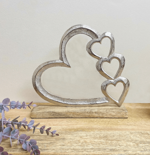 Metal Silver Four Heart Ornament On A Wooden Base Medium - Price Crash Furniture