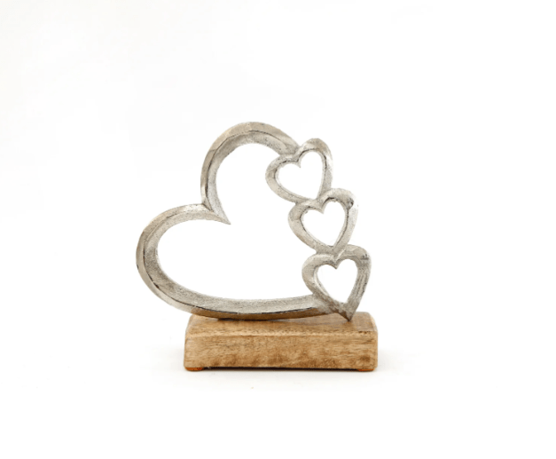 Metal Silver Four Heart Ornament On A Wooden Base Small - Price Crash Furniture