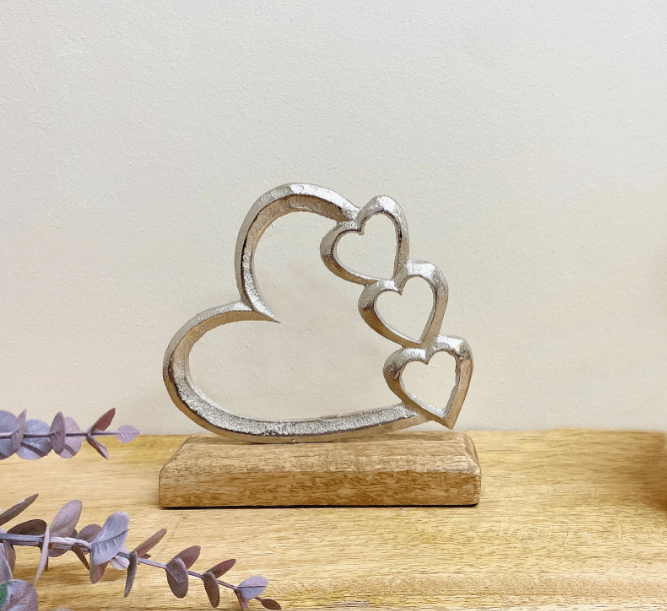 Metal Silver Four Heart Ornament On A Wooden Base Small - Price Crash Furniture