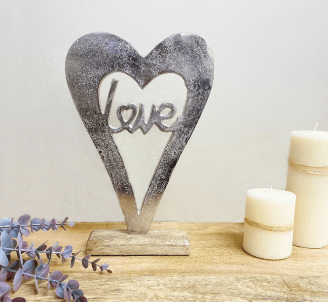Metal Silver Heart Love On A Wooden Base Large - Price Crash Furniture