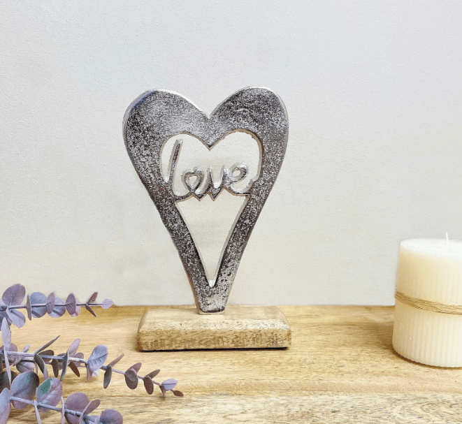 Metal Silver Heart Love On A Wooden Base Small - Price Crash Furniture