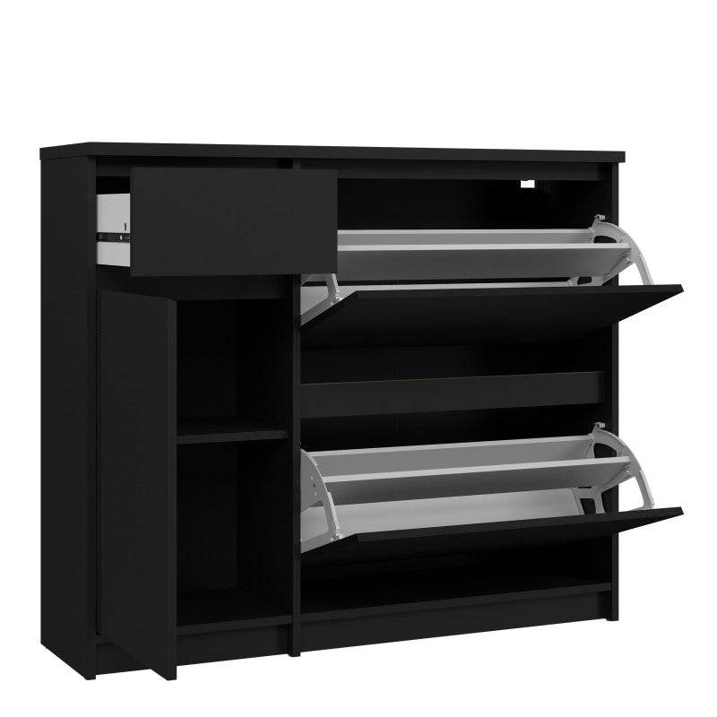 Naia Shoe Cabinet with 2 Shoe Compartments, 1 Door and 1 Drawer in Black Matt - Price Crash Furniture