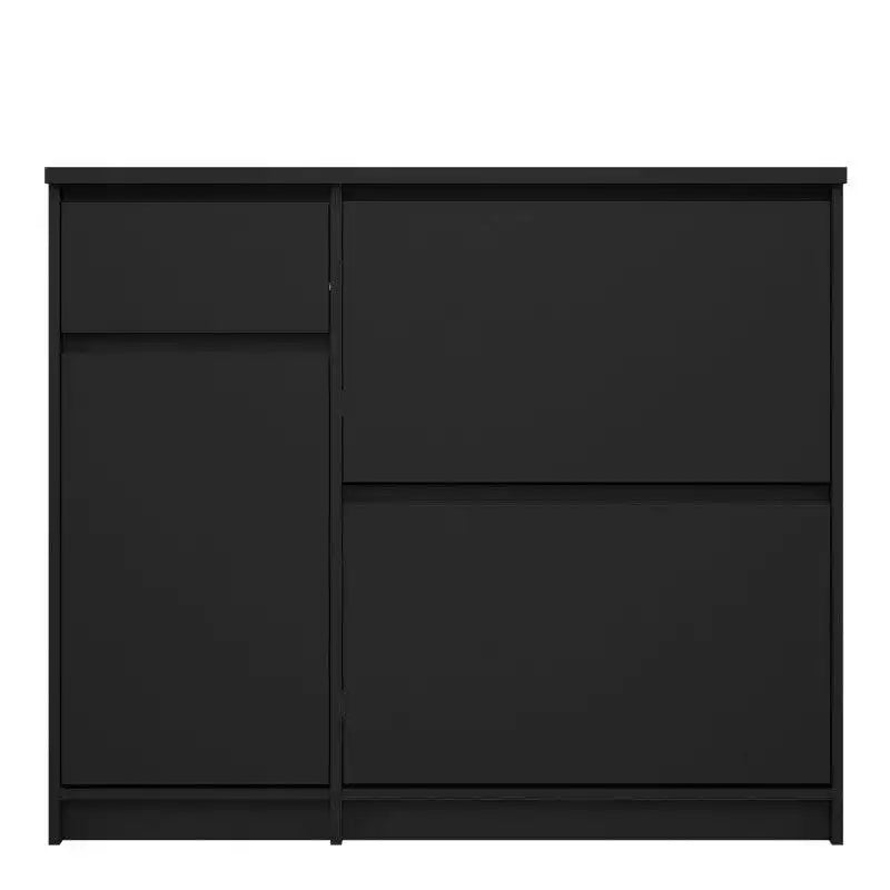 Naia Shoe Cabinet with 2 Shoe Compartments, 1 Door and 1 Drawer in Black Matt - Price Crash Furniture