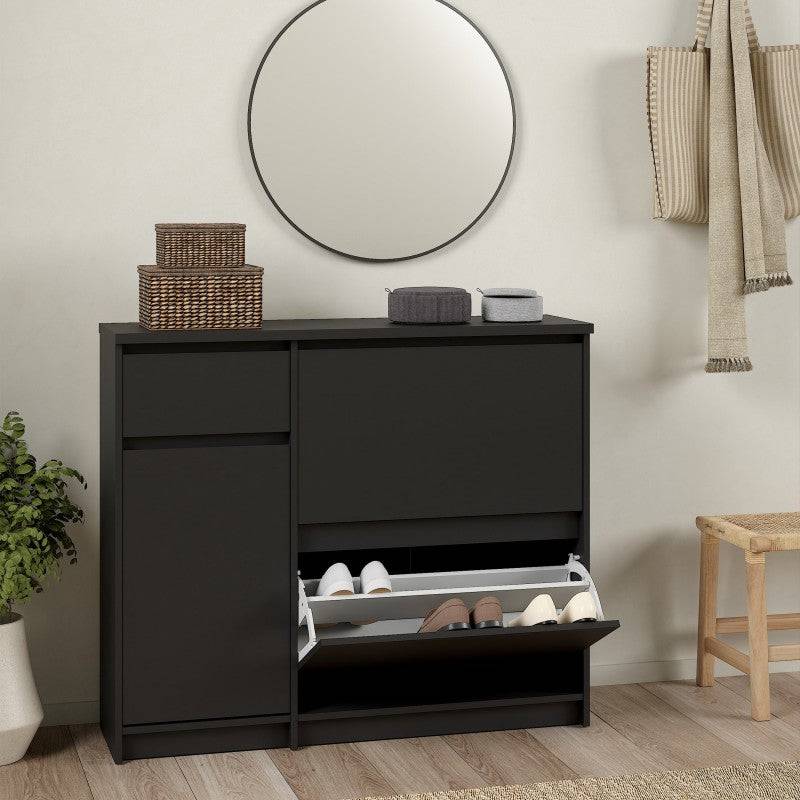 Naia Shoe Cabinet with 2 Shoe Compartments, 1 Door and 1 Drawer in Black Matt - Price Crash Furniture