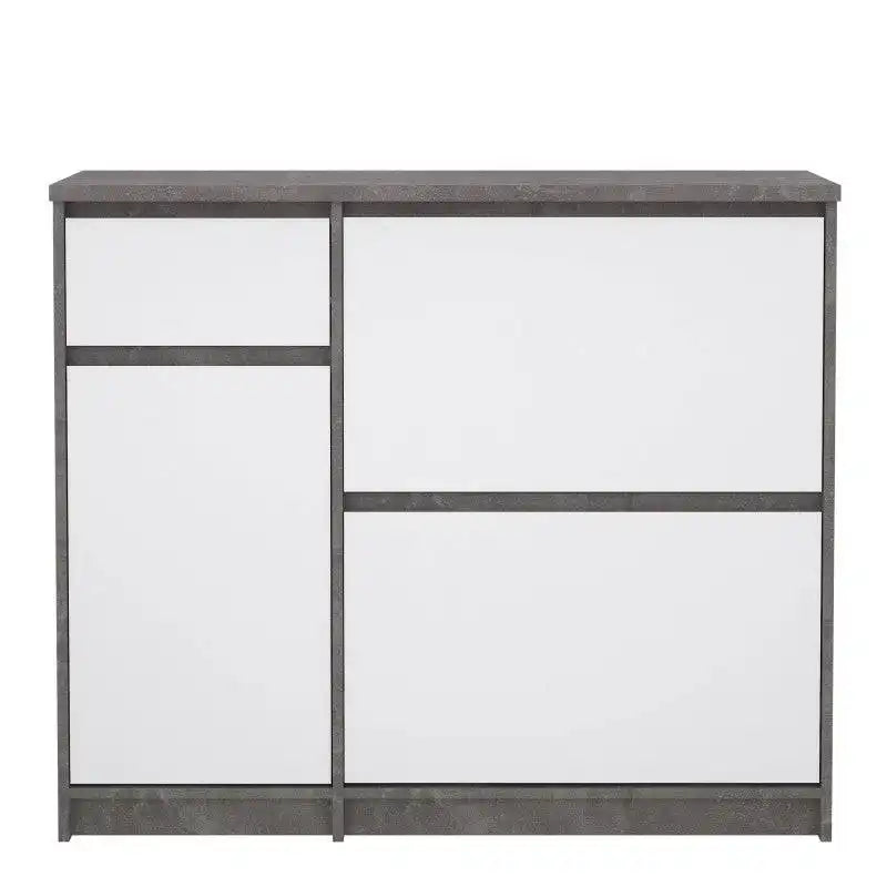 Naia Shoe Cabinet with 2 Shoe Compartments, 1 Door and 1 Drawer in Concrete and White High Gloss - Price Crash Furniture