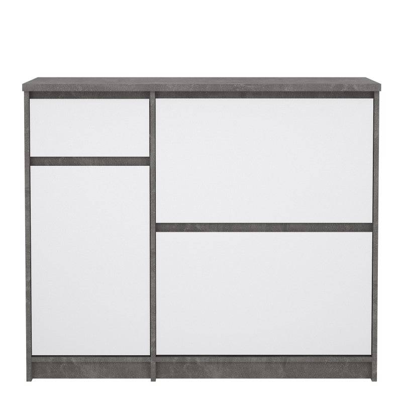 Naia Shoe Cabinet with 2 Shoe Compartments, 1 Door and 1 Drawer in Concrete and White High Gloss - Price Crash Furniture