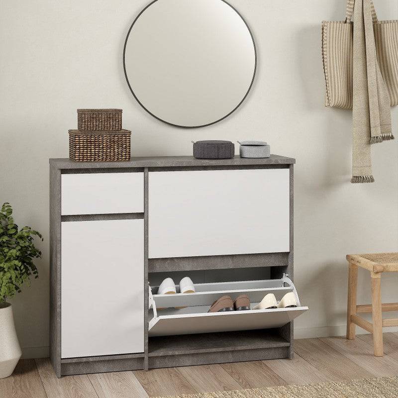 Naia Shoe Cabinet with 2 Shoe Compartments, 1 Door and 1 Drawer in Concrete and White High Gloss - Price Crash Furniture