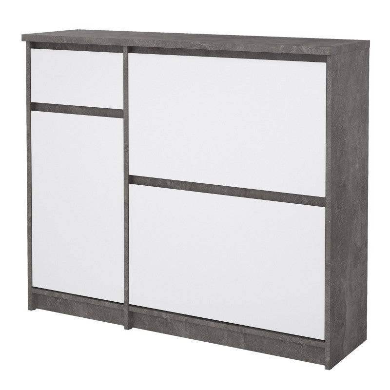 Naia Shoe Cabinet with 2 Shoe Compartments, 1 Door and 1 Drawer in Concrete and White High Gloss - Price Crash Furniture