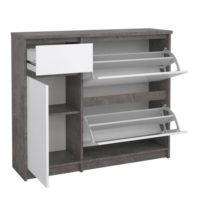 Naia Shoe Cabinet with 2 Shoe Compartments, 1 Door and 1 Drawer in Concrete and White High Gloss - Price Crash Furniture