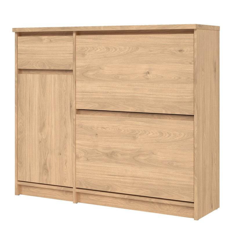 Naia Shoe Cabinet with 2 Shoe Compartments, 1 Door and 1 Drawer in Jackson Hickory Oak - Price Crash Furniture