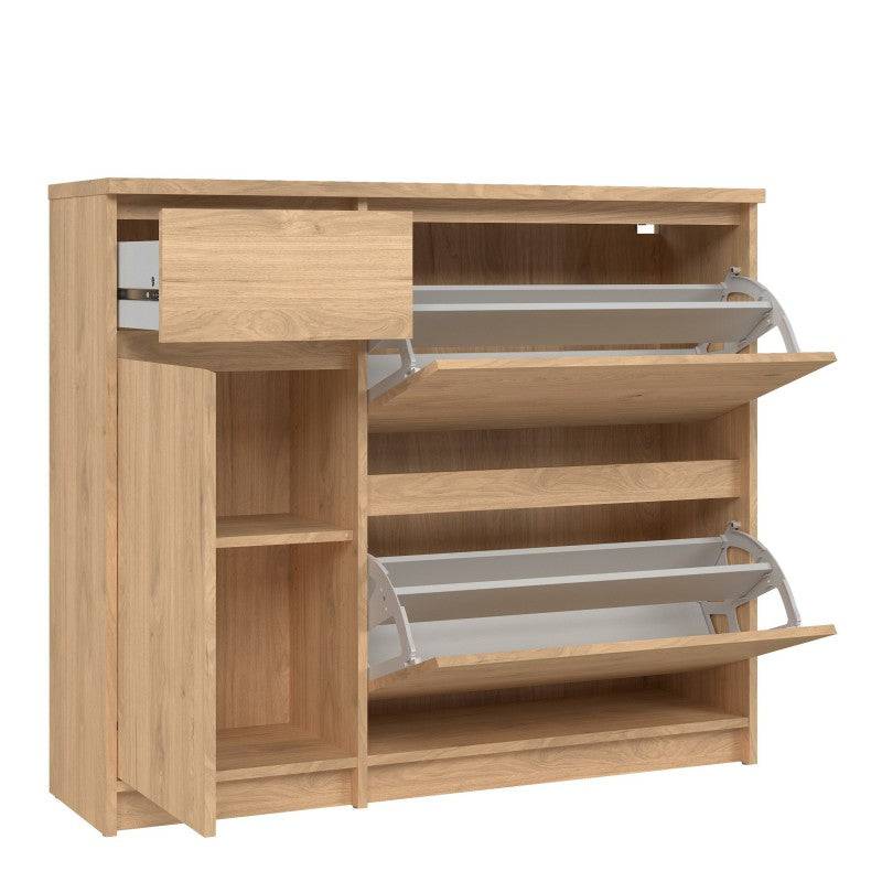 Naia Shoe Cabinet with 2 Shoe Compartments, 1 Door and 1 Drawer in Jackson Hickory Oak - Price Crash Furniture