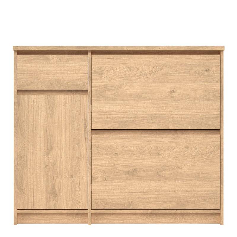 Naia Shoe Cabinet with 2 Shoe Compartments, 1 Door and 1 Drawer in Jackson Hickory Oak - Price Crash Furniture