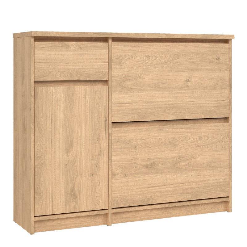 Naia Shoe Cabinet with 2 Shoe Compartments, 1 Door and 1 Drawer in Jackson Hickory Oak - Price Crash Furniture