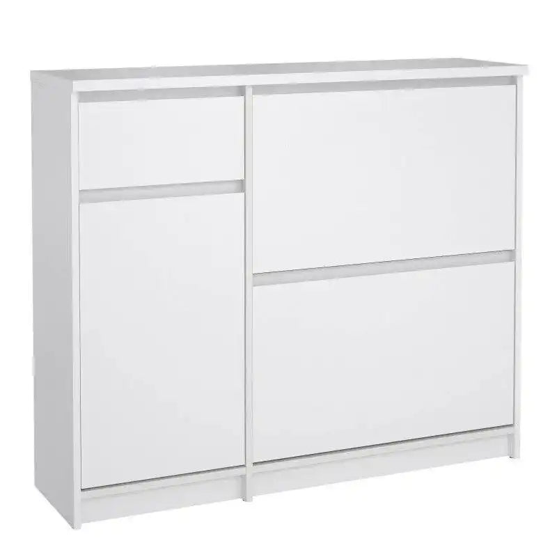 Naia Shoe Cabinet with 2 Shoe Compartments, 1 Door and 1 Drawer in White High Gloss - Price Crash Furniture
