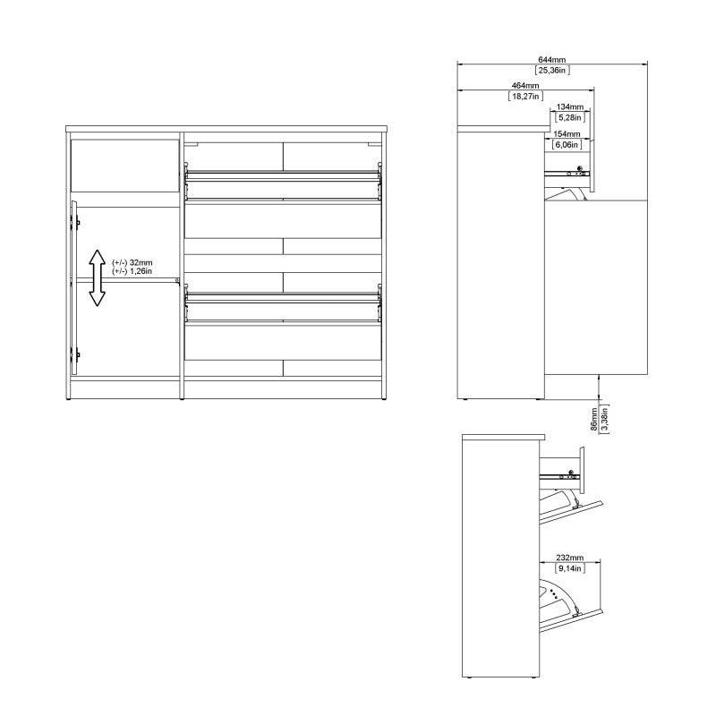 Naia Shoe Cabinet with 2 Shoe Compartments, 1 Door and 1 Drawer in White High Gloss - Price Crash Furniture