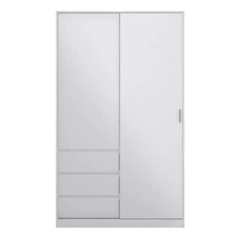 Naia Wardrobe with 1 Sliding door + 1 door + 3 drawers in White High Gloss - Price Crash Furniture