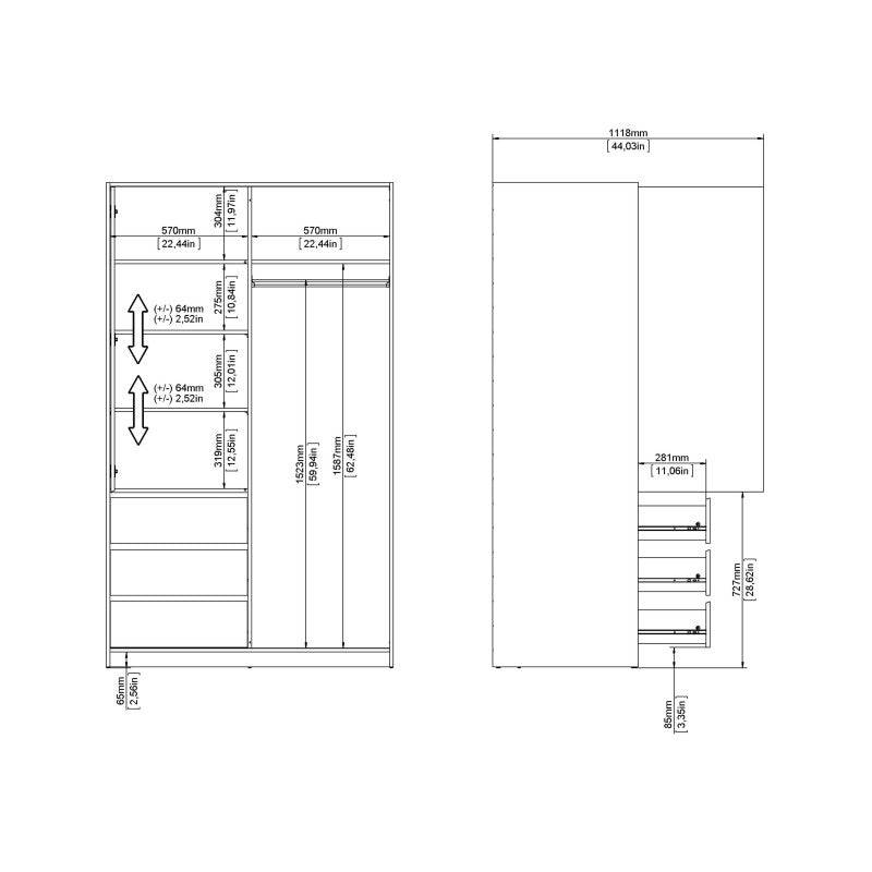 Naia Wardrobe with 1 Sliding door + 1 door + 3 drawers in White High Gloss - Price Crash Furniture